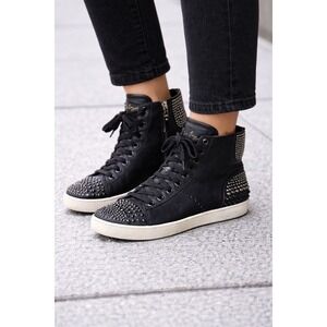 Anthropologie by Lola Cruz Black Leather Studded High Top Sneakers Sz 9